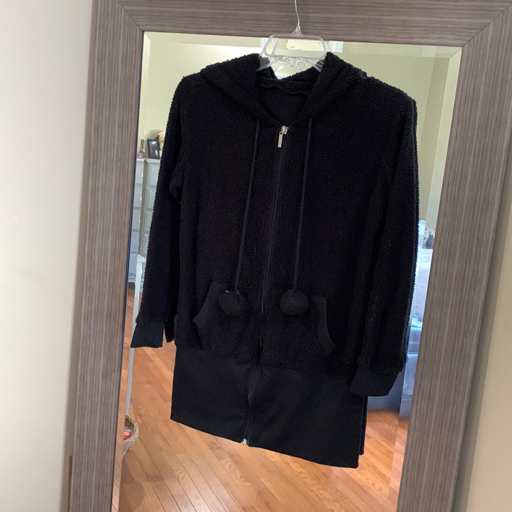 Black, light weight, teddy bear zip up hoodie. Size M/L. Brand unknown.